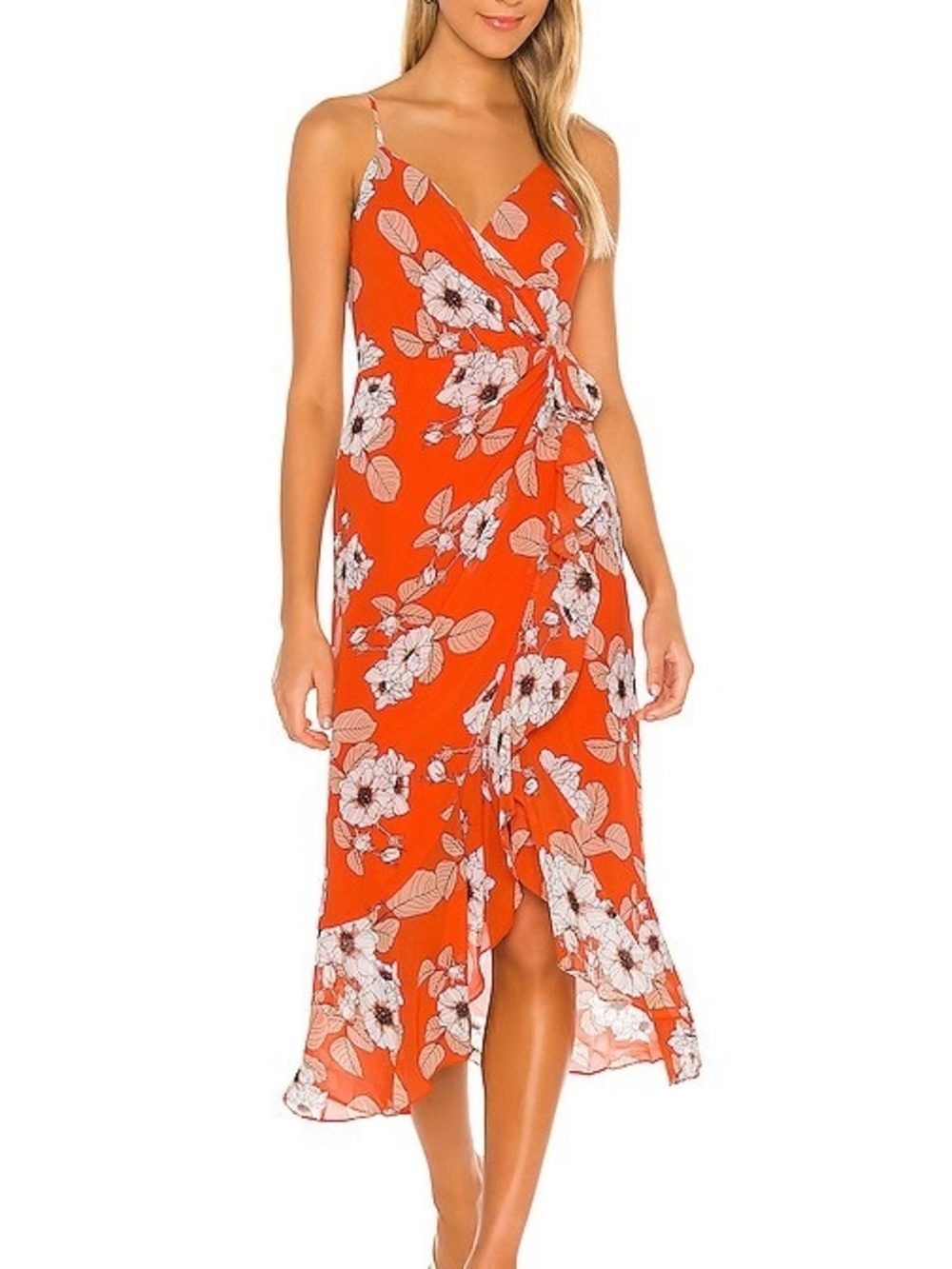 Bardot Orange White Beige Floral Ruffle Side Cinch Dress Sz M